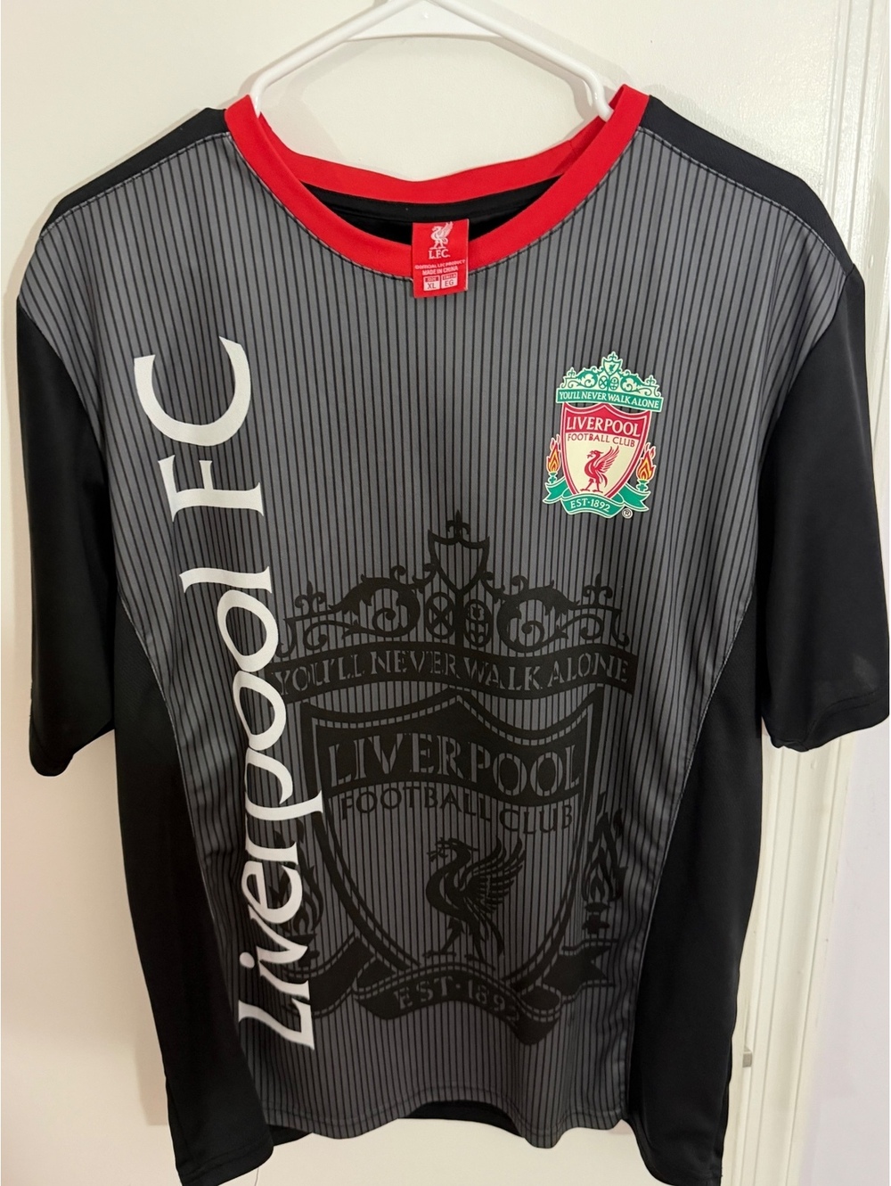 Liverpool FC Men's Black and Gray Football Club Jersey with Red Trim, Size Large